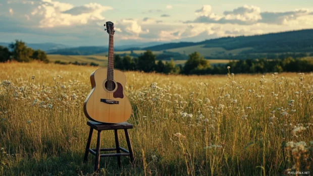 Wide field with guitar and stool set up for solo country act.