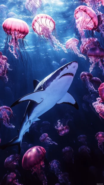 Wide fin shark cruising beside jellyfish swarm.