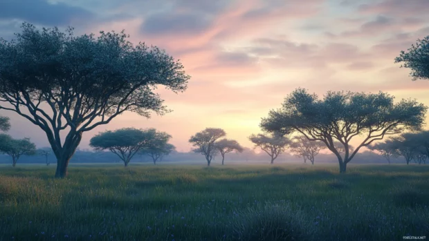 Wide open savannah with acacia trees at dusk, evoking safari themes in Nature PC Wallpapers.