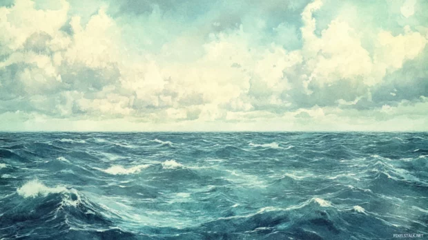 Wide open sea under watercolor skies, a watercolor seascape wallpaper for desktop.