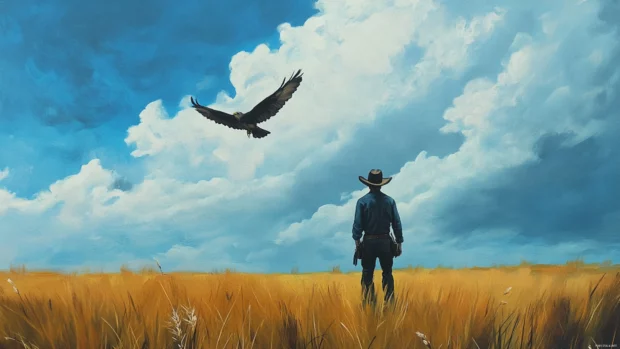 Wide plain with lone cowboy and soaring hawk overhead.