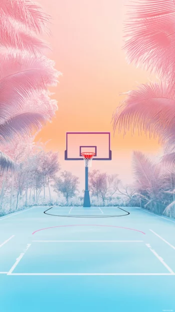 Wide view of basketball court framed in soft color gradients.