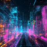 Wide view of cyberpunk downtown glowing in neon.