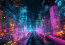 Wide view of cyberpunk downtown glowing in neon.