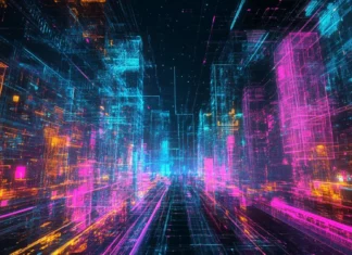 Wide view of cyberpunk downtown glowing in neon.