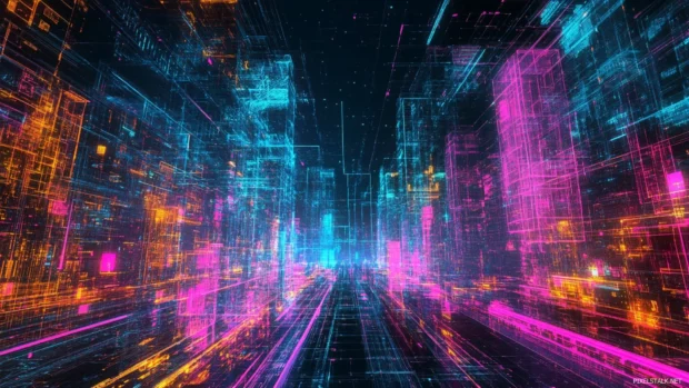 Wide view of cyberpunk downtown glowing in neon.