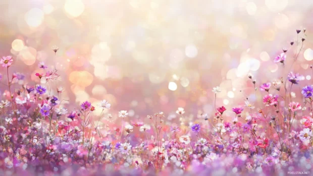 Wild meadow composition with tiny florals and bokeh background, loved among PC floral wallpaper lovers.