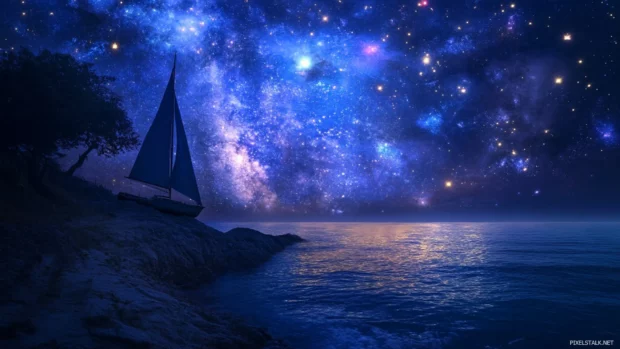 Wild shores drenched in aurora and starlight, weaving the dreams of magical starlit night wallpaper.