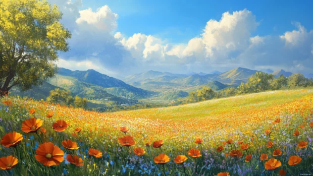 Wildflower fields bursting with color, a perfect snapshot of a carefree summer afternoon.