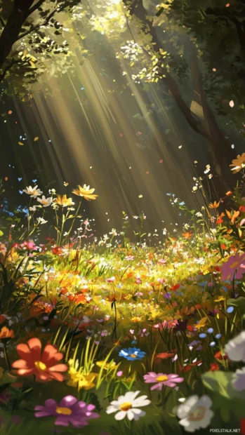 Wildflower meadow captured in warm sunlight, lock screen image filled with nature charm.