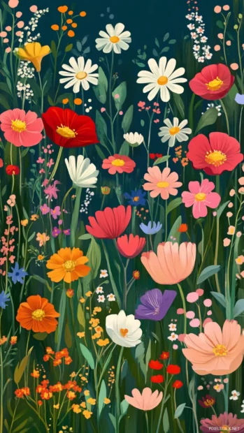 Wildflower meadow iPhone lock screen wallpaper with a mix of vibrant blooms.