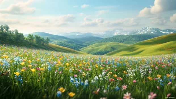 Wildflower meadow with gentle hills in background, trending in peaceful Nature PC Wallpapers collections.