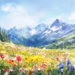 Wildflowers blooming across watercolor mountain meadows.