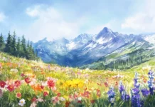 Wildflowers blooming across watercolor mountain meadows.