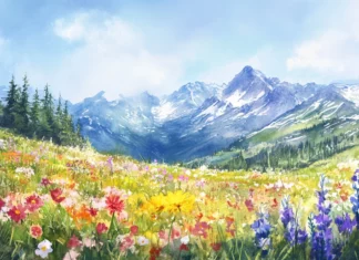 Wildflowers blooming across watercolor mountain meadows.
