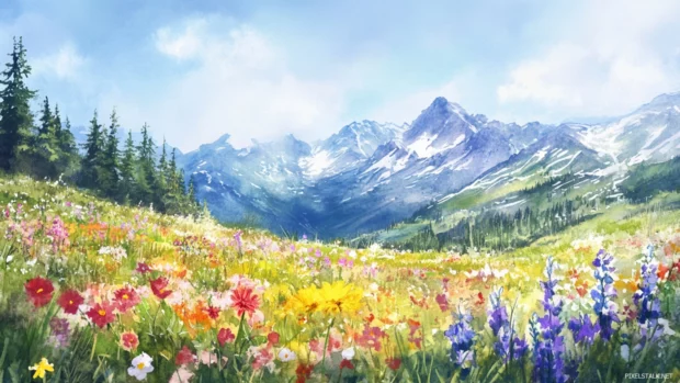 Wildflowers blooming across watercolor mountain meadows.