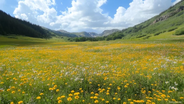 Wildflowers carpeting a pretty sunlit meadow.