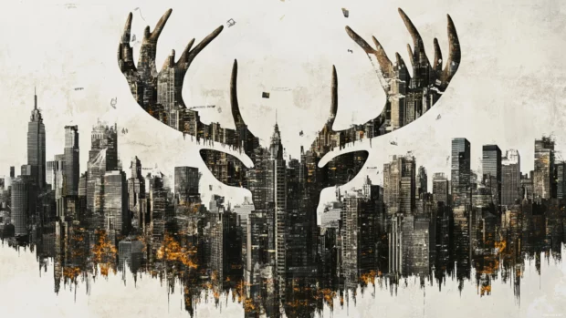 Wildstyle deer antlers forming city skyline with hidden tags.