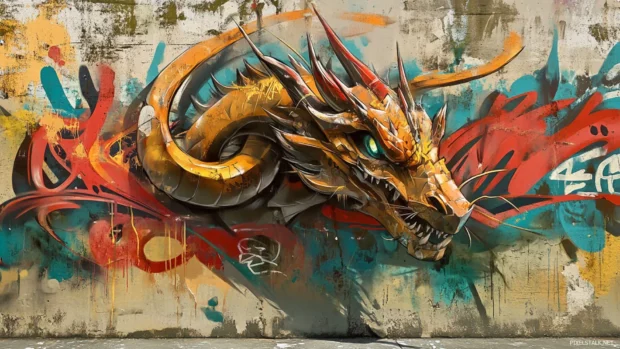 Wildstyle graffiti backdrop behind a stylized dragon in desktop wallpapers HD.
