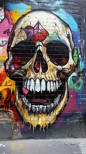 Wildstyle graffiti emerging from skull jaw in alley tunnel.