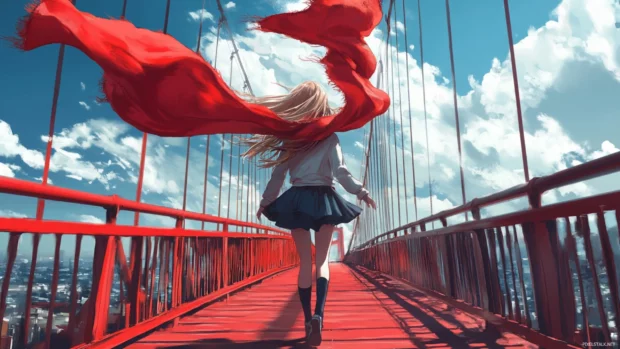Wind blowing anime girls scarf as she walks across a red bridge.