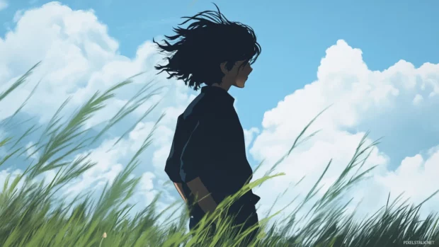Wind blowing through anime boys hair on grassy hill.