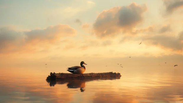 Wind brushes across the water while a duck rests on a drifting log.
