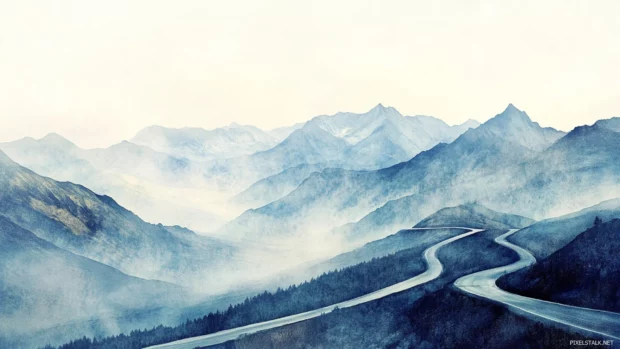 Winding Mountain Road In Soft Pastel Watercolor Shades Under A Clear Sky.