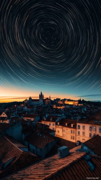 Winding golden star trails above antique rooftops, illuminating the beauty of royal gold starscape illustration.