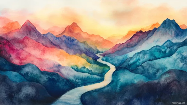 Winding paths leading into endless watercolor mountains.