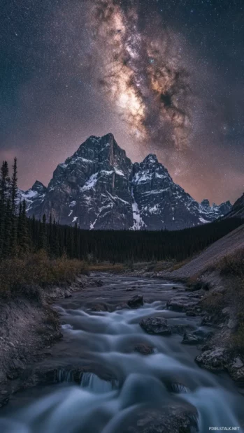 Winding rivers flowing under a celestial roof, capturing the magic of glowing star sky wallpaper.