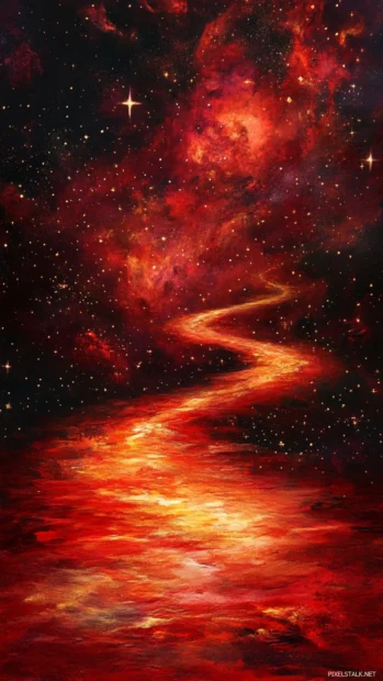 Winding rivers tracing the soft path of a red star, painting the mystery of shimmering scarlet stars background.