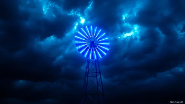 Windmill outlined in bright blue neon during storm.