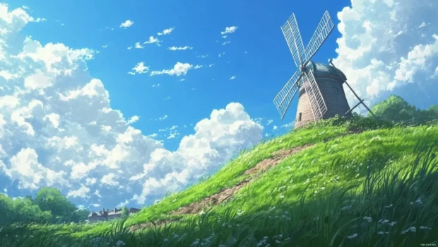 Windmill turning slowly on a grassy anime hill.