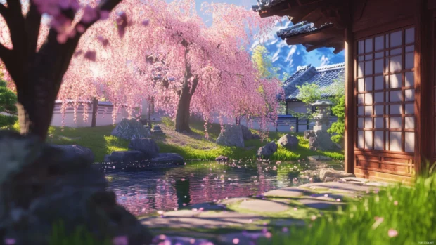 Windows 10 lock screen wallpaper 4K depicting a tranquil Japanese garden in spring bloom.