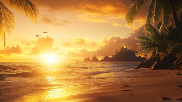 Windows 10 lock screen wallpaper 4K depicting a tranquil beach at sunset with golden hues.
