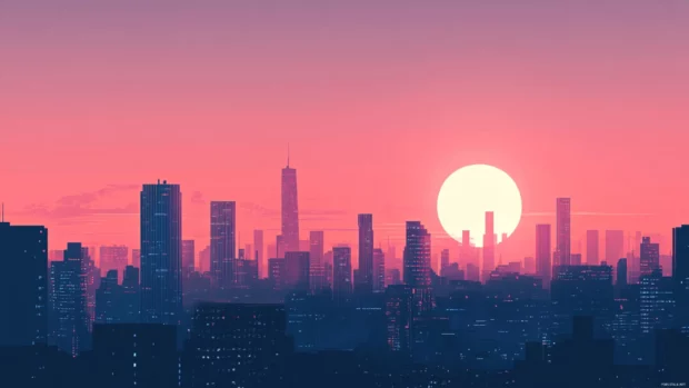Windows 10 lock screen wallpaper 4K with a minimalist city skyline under a twilight sky.