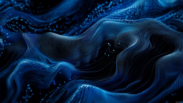 Windows 11 dark mode lock screen wallpaper, featuring abstract blue patterns and high contrast design.