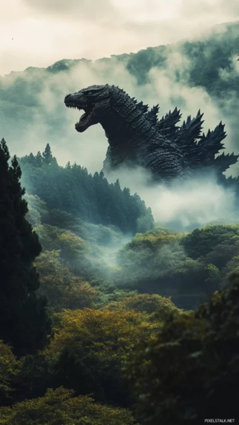 Winds whip through the trees as Godzilla moves past a rural valley.