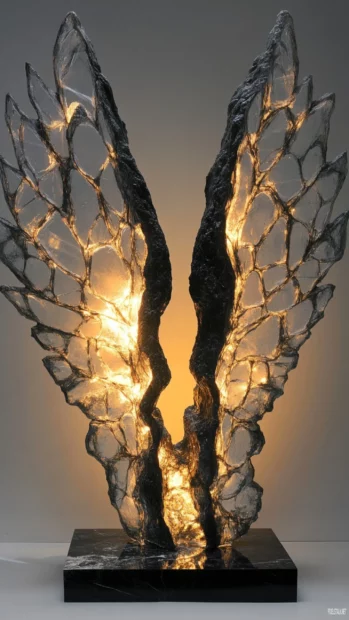 Wings forming from cracked sculpture in glowing sprays.