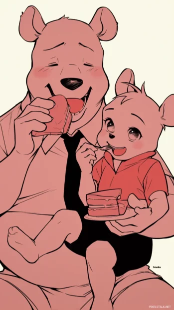 Winnie the Pooh and Piglet having a tea party with honey pots and sandwiches, under a tree in the Hundred Acre Wood.