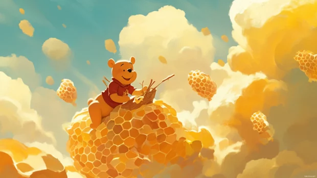 Winnie the Pooh discovering floating honeycombs in the clouds.