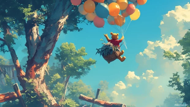 Winnie the Pooh flying with balloon powered boots above the forest.
