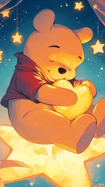 Winnie the Pooh holding a honey heart pillow under twinkling stars.
