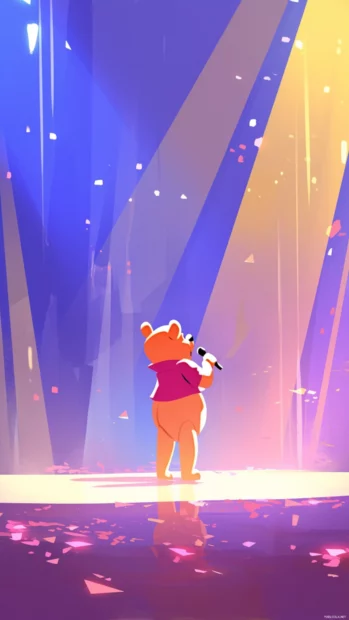 Winnie the Pooh rapping on stage under pastel spotlights.