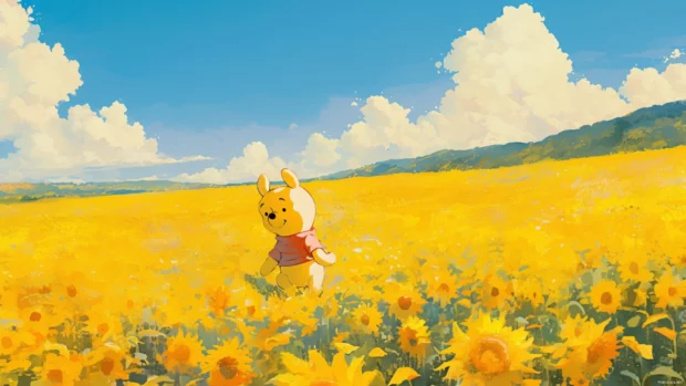 Winnie the Pooh walking through a field of giant sunflowers.