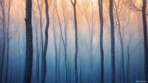 Winter frost blankets the trees of a boreal forest at dawn.