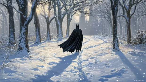 Winter scene with Batman footprints in fresh snow.