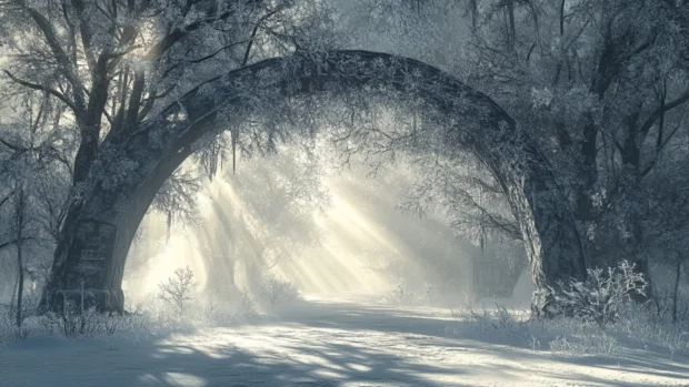 Winter sun peeking through frosted trees.