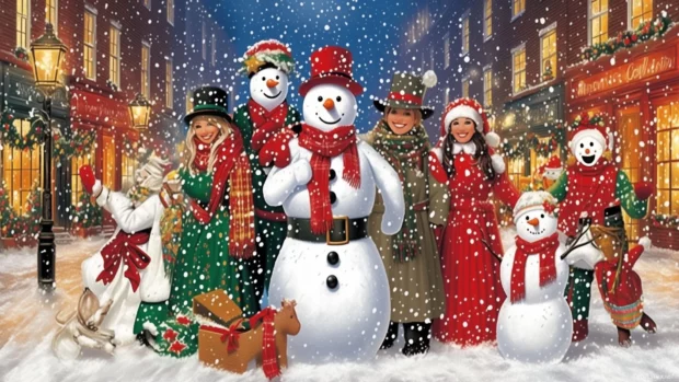 Winter village with snowmen and animals building snow forts, twinkling stars and moon.